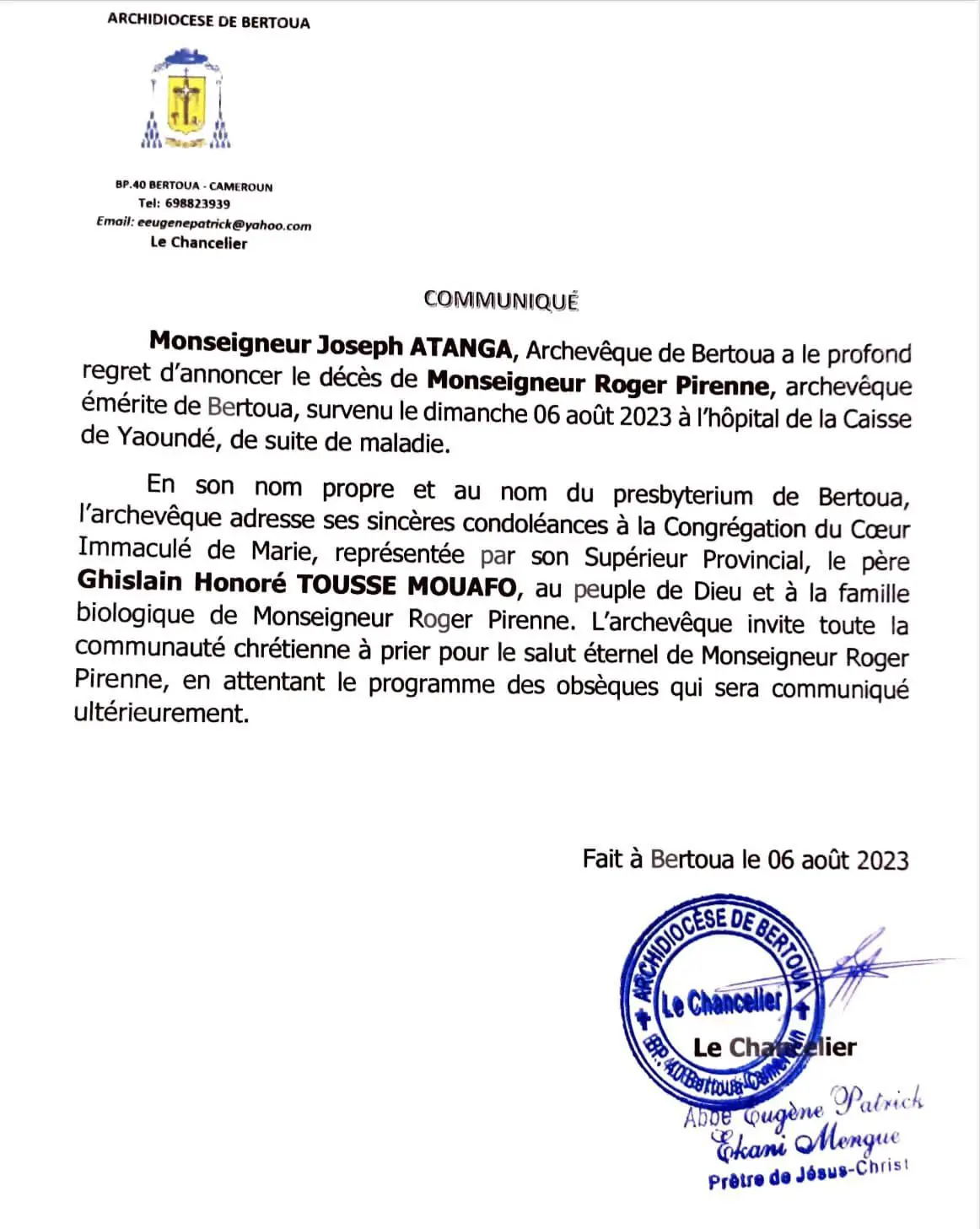 Image de Religion. Mgr Roger Pirenne, archevêque émérite de Bertoua, est décédé ce dimanche 06 juillet 2023 des suites de maladie. Cette triste nouvelle plonge l'Église catholique au Cameroun dans le deuil. L'homme de foi s'est éteint à l'âge de 89 ans, à l'hôpital de la Caisse à Yaoundé. Né en 1934 et membre de la Congrégation du Cœur Immaculé de Marie, Mgr Pirenne a consacré sa vie au service religieux et à l'enseignement. Que retenez-vous de l'homme ?