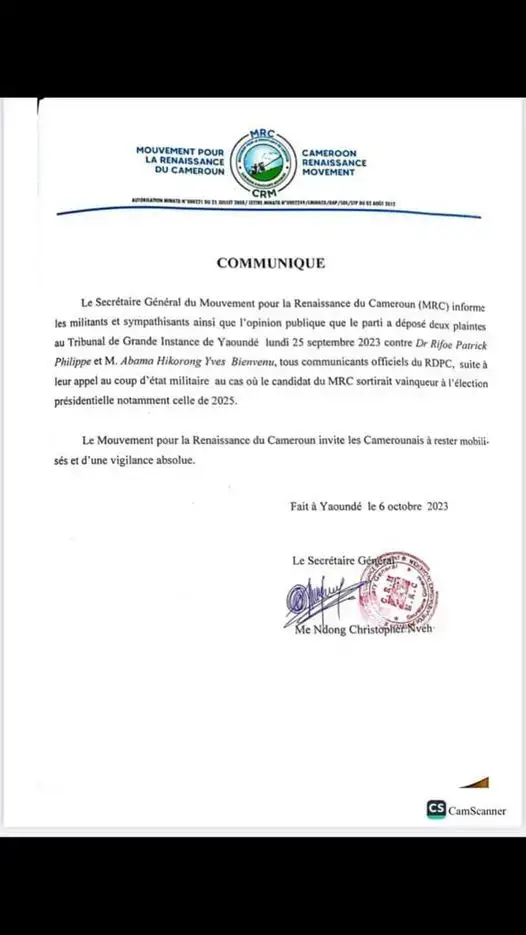 Image de Politique. Le Mouvement pour la renaissance du Cameroun (MRC) a porté plainte contre deux militants du RDPC, le parti présidentiel, accusés d'avoir appelé à un coup d'État en cas de victoire du MRC à la présidentielle de 2025. Ces militants, Dr Patrick Rifoe et Yves Abama, ont respectivement exprimé leurs positions sur Équinoxe TV et Facebook. Rifoe avait fait ses commentaires en réponse à une question concernant le récent coup d'État au Gabon. Avant le MRC, Joe La Conscience, un artiste-militant, avait aussi déposé une plainte contre Rifoe pour des raisons similaires. Comment la justice camerounaise traitera-t-elle ces allégations d'incitation à un coup d'État?