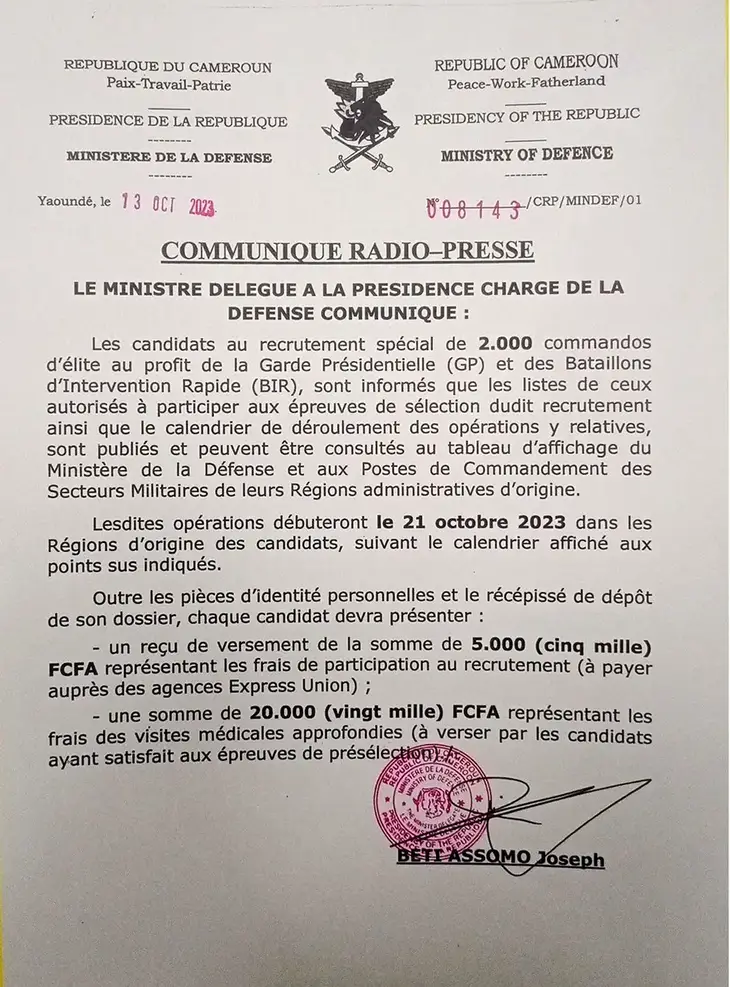 Image de Société. Le ministère de la Défense a publié un communiqué concernant le recrutement de 2 000 commandos d'élite pour la Garde Présidentielle et les Bataillons d'intervention Rapide. Les candidats ont été informés que les listes des personnes autorisées à participer aux épreuves de sélection, ainsi que le calendrier des opérations, sont disponibles au Ministère de la Défense et dans les Postes de Commandement des Secteurs Militaires de leurs régions d'origine. Les opérations de recrutement débuteront le 21 octobre 2023 dans les régions d'origine des candidats. Que pensez-vous de ce recrutement de commandos d'élite pour la Garde Présidentielle ? Lire l'intégralité du communiqué